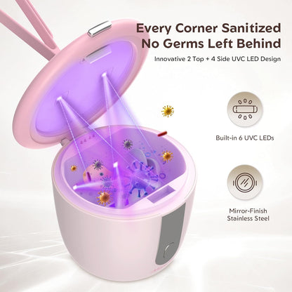 MomMed Portable Pacifier Sanitizer with Smart Display, Dual 60/180s Disinfection Modes, Auto Shut-Off, UV Pacifier Holder Case for Baby Pacifiers, Teethers, Bottle Nipples and More(Pink)