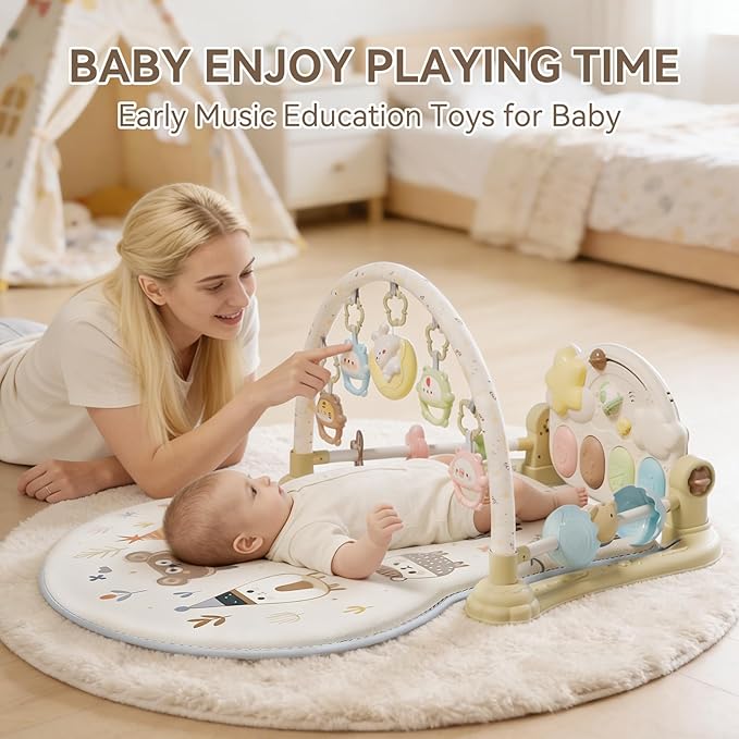 Baby Play Gym Mat - Funny Play Piano Activity Playmat with 5 Infant Learning Detachable Toys for Sensory Development, Music and Lights Tummy Time Mat Newborns Gifts for 0-12 Months