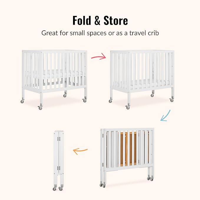 Dream On Me Jett Mini Folding Baby Crib in White, GreenGuard Gold & BSA, Lightweight & Portable, Patented Flat Folding System for Small Spaces & Travel, 1.5” Mattress Pad, 3 Heights, Safe Wheels