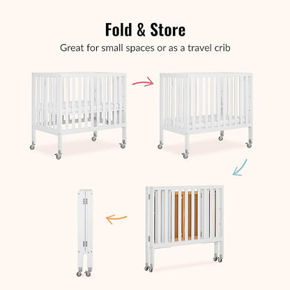 Dream On Me Jett Mini Folding Baby Crib in White, GreenGuard Gold & BSA, Lightweight & Portable, Patented Flat Folding System for Small Spaces & Travel, 1.5” Mattress Pad, 3 Heights, Safe Wheels