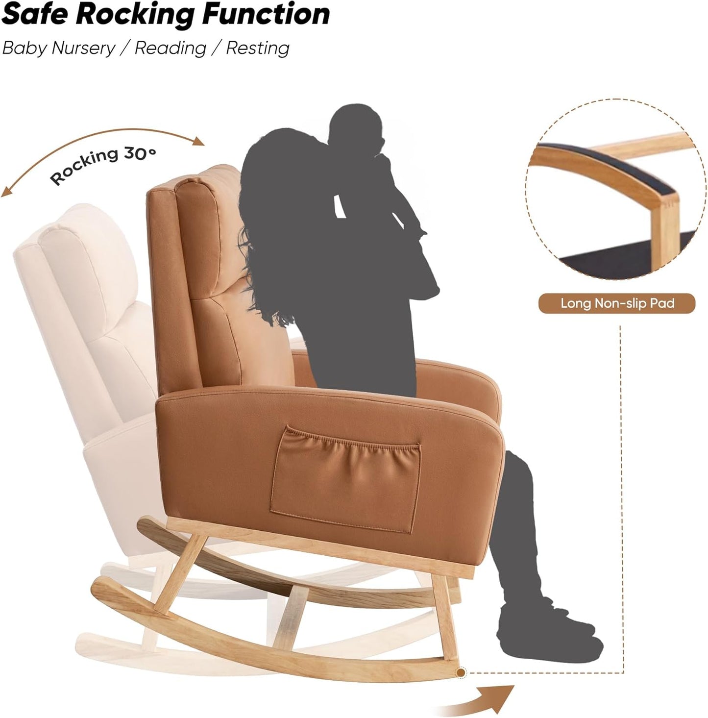 Rocking Chair Nursery, Upholstered Nursing Rocker Chair for Mom with High Backrest and Side Pockets for Bedroom Living Room, Beige