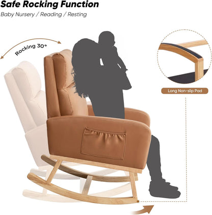 Rocking Chair Nursery, Upholstered Nursing Rocker Chair for Mom with High Backrest and Side Pockets for Bedroom Living Room, Beige