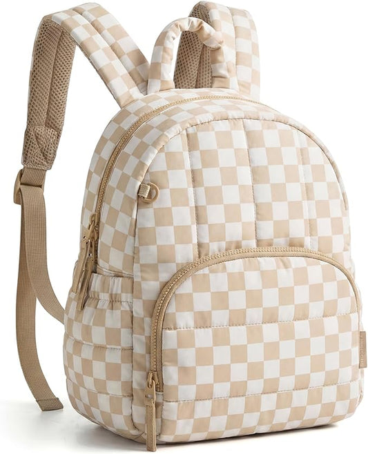 BAGSMART Mini Backpack for Women, Lightweight Puffer Small Backpack Purse, Quilted Casual Travel Daypack, Cute Water-Resistant Bookbag for Daily, Brown Checkered