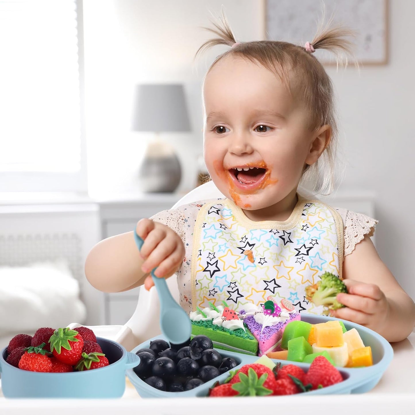 Dandat 24 Pcs Silicone Baby Feeding Set,6 Baby Toddler Suction Bowls 6 Divided Suction Plates with 6 Forks 6 Spoons, Utensils Set for Weaning Infant Feeding and Eating, 6 Styles (Elegant Color)