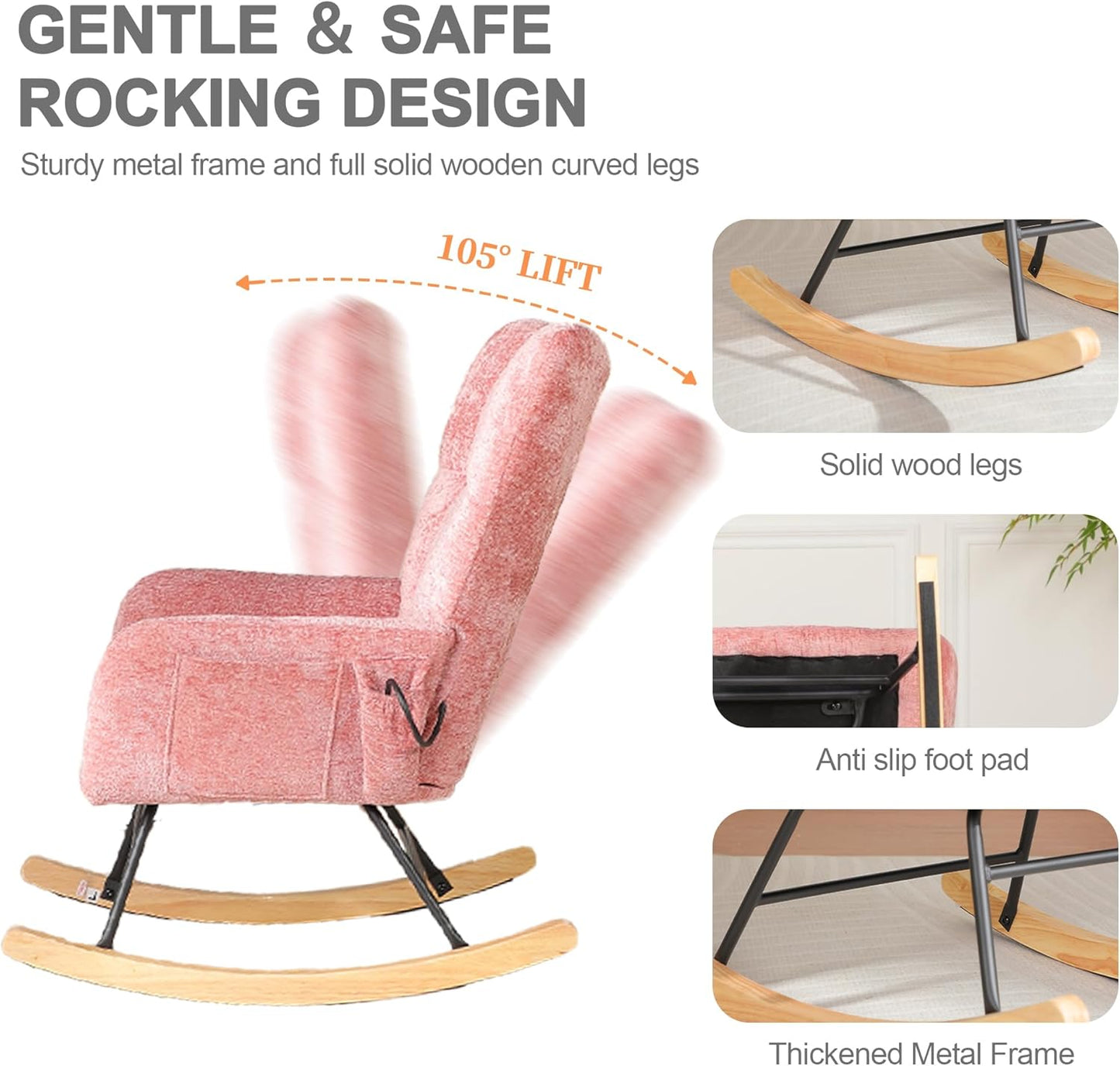 Rocking Chair Nursery with Airbag, Comfy Modern Nursery Rocking Reading Chair indoor with Footrest, Cozy Upholstered Glider Rocker Chairs for Living Room Bedroom Offices(Chenille, Dark Grey)