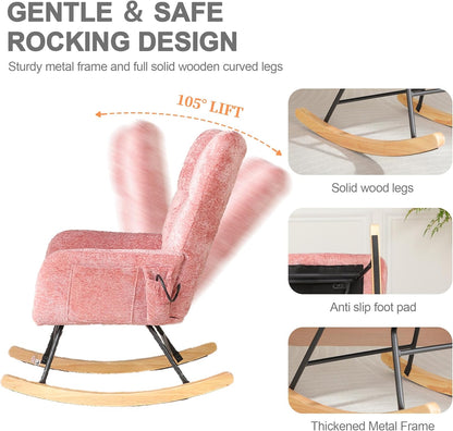 Rocking Chair Nursery with Airbag, Comfy Modern Nursery Rocking Reading Chair indoor with Footrest, Cozy Upholstered Glider Rocker Chairs for Living Room Bedroom Offices(Chenille, Dark Grey)