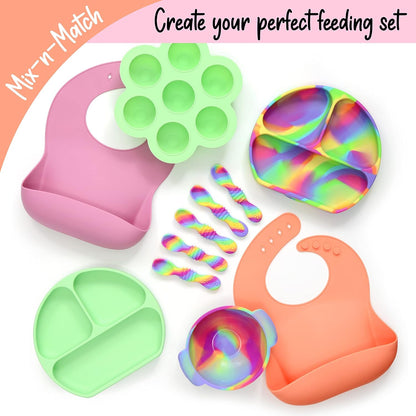 PrimaStella Unbreakable Silicone Non-Slip Bowl and Chew Spoon Set for Babies and Toddlers (Rainbow Swirl)