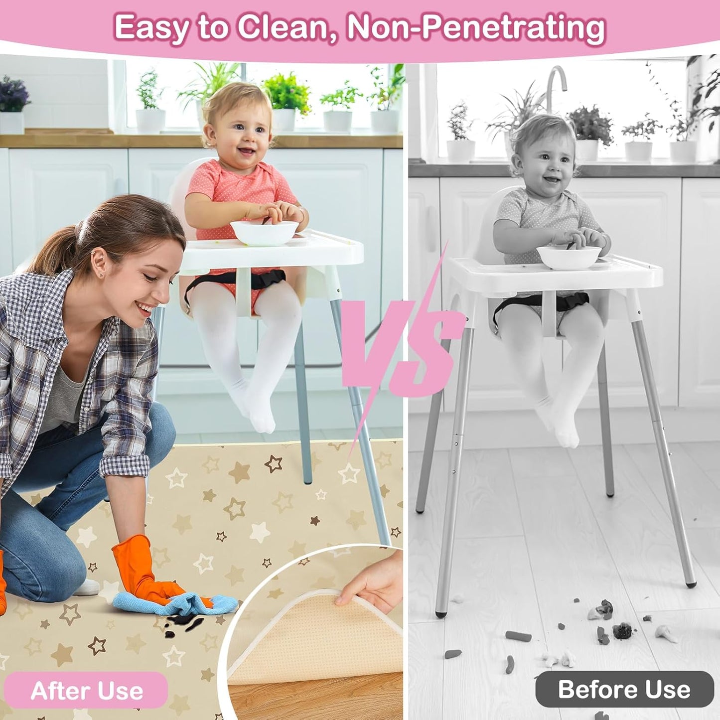 Basumee Splat Mat High Chair Mat Waterproof Baby Play Splat Mat for Under High Chair Food Catcher Highchair Mat for Floor Non Slip Bottom, Pink Rainbow, 46x42 Inches
