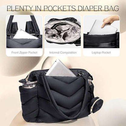 Diaper Bag Tote, Diaper Bag Backpack,Puffer Tote Bag with Pacifier Case, Lightweight Mommy for Hospital, Puffy with 10 Pockets, Convertible Baby for Travel, Black