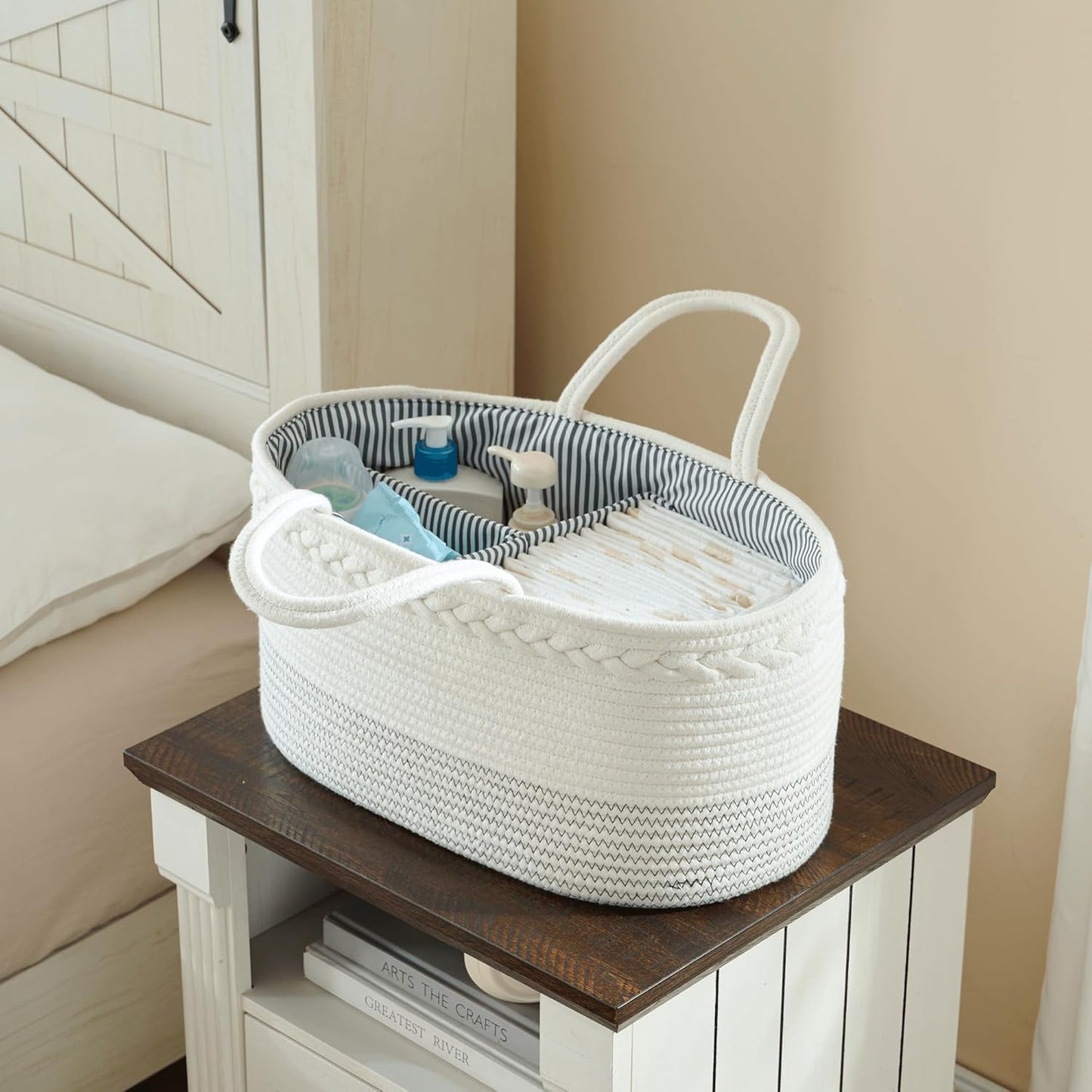 luxury little Diaper Caddy Organizer, Large Cotton Rope Nursery Baby Basket, Changing Table Organizer for Baby Diaper Storage, Portable Car Organizer Removable Divider (Off White, Large)