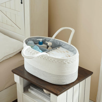 luxury little Diaper Caddy Organizer, Large Cotton Rope Nursery Baby Basket, Changing Table Organizer for Baby Diaper Storage, Portable Car Organizer Removable Divider (Off White, Large)
