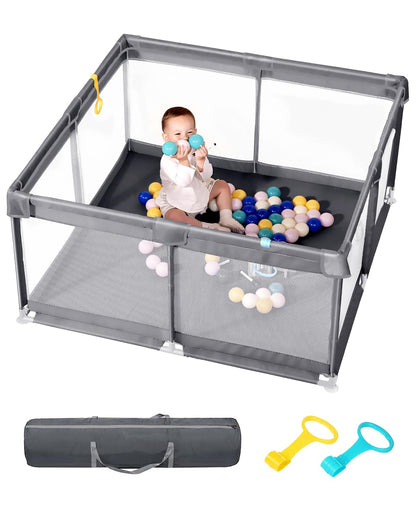 Baby Playpen with Mat, 71" x 59" Extra Large Play Yard for Babies and Toddlers, Baby Fence with Soft Thick Play Mat, Indoor Safety Activity Center for Infants, Easy to Assemble and Clean（Gray）