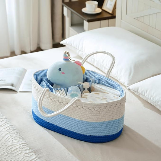 luxury little Diaper Caddy Organizer, Large Cotton Rope Nursery Baby Basket, Changing Table Organizer for Baby Diaper Storage, Portable Car Organizer Removable Divider (Blue, Extra Large)