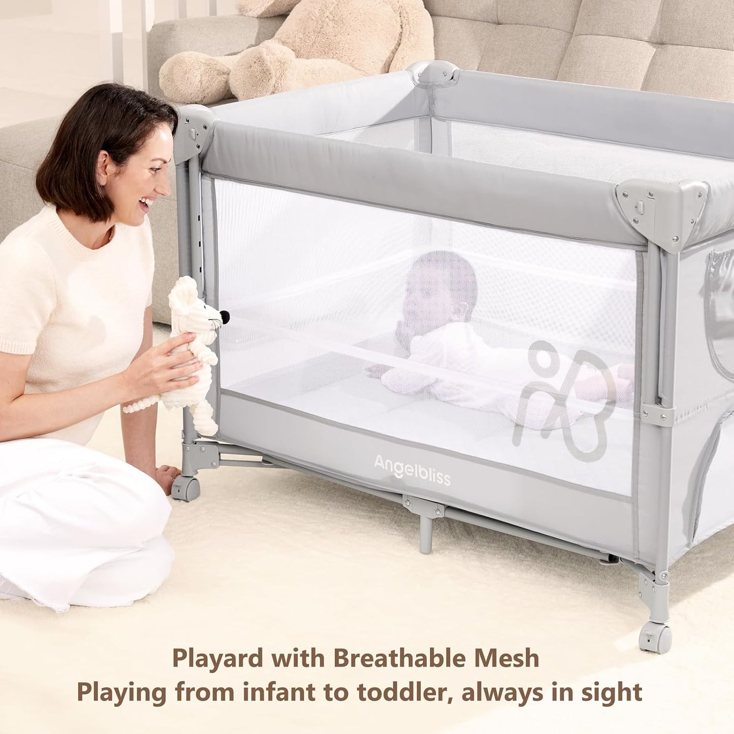 ANGELBLISS Baby Bassinet Bedside Crib, Pack and Play with Mattress, Diaper Changer, One-Push Setup Playards from Infants to Toddlers (Balck)