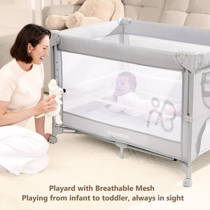 ANGELBLISS Baby Bassinet Bedside Crib, Pack and Play with Mattress, Diaper Changer, One-Push Setup Playards from Infants to Toddlers (Balck)