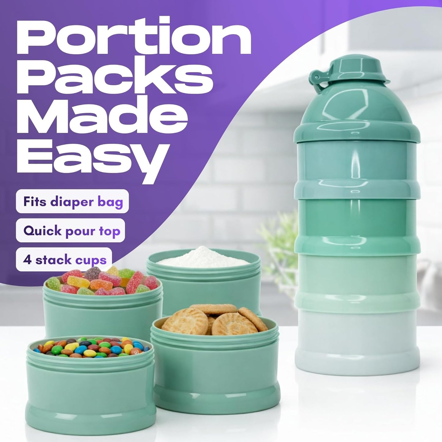 Mommy's Helper Baby Formula Dispenser On The Go, Stackable Travel Formula Container To Go, Non-Spill Pour Spout, 4-Compartment Powder Storage (Tidal Teal)