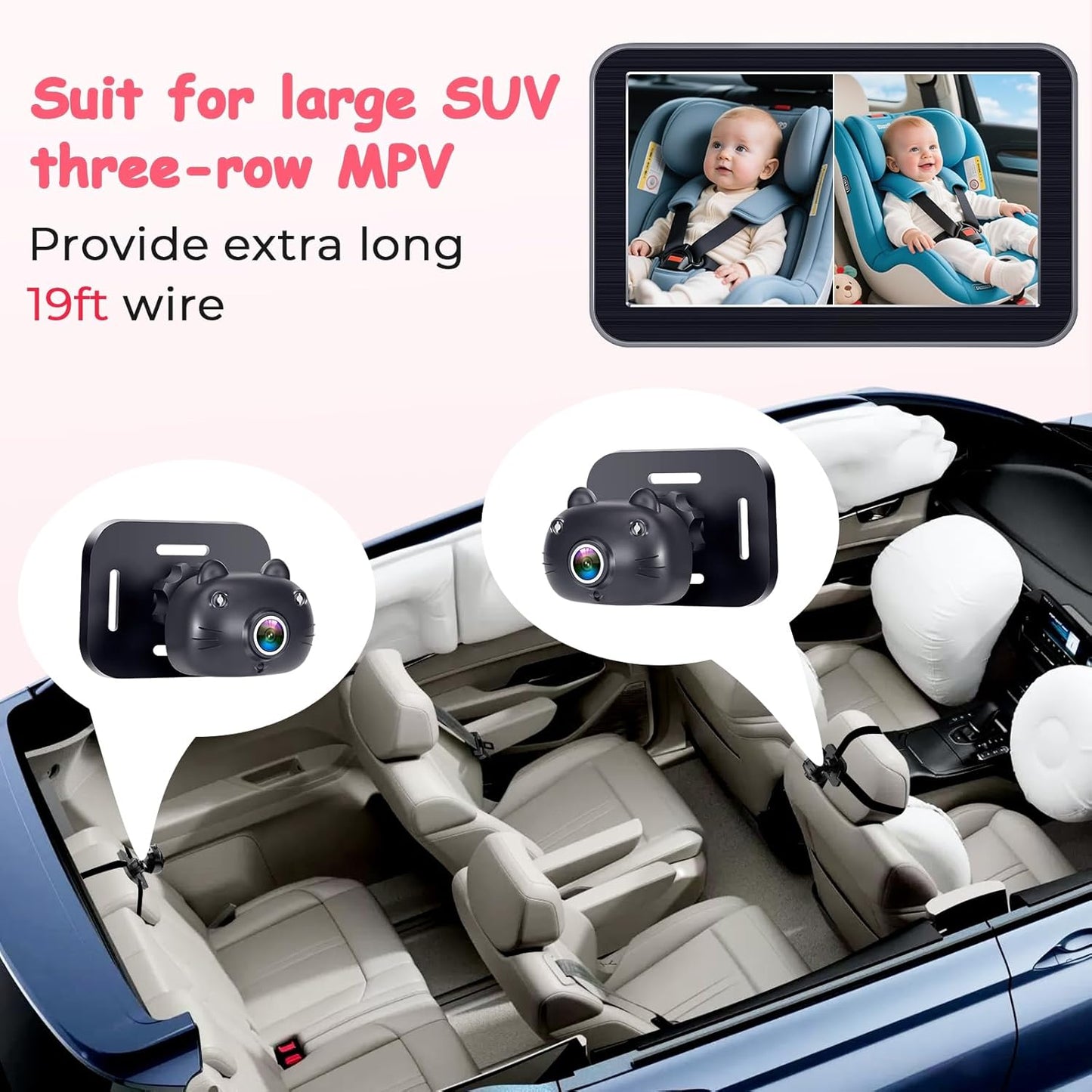 HD-1080P 2-Kids Baby Car Camera: Auto Night Vision Dual Backseat Cameras with 7” Split-Screen Recording Monitor - 360° Rotation, Easy Installion Without Tools for Twins & Siblings