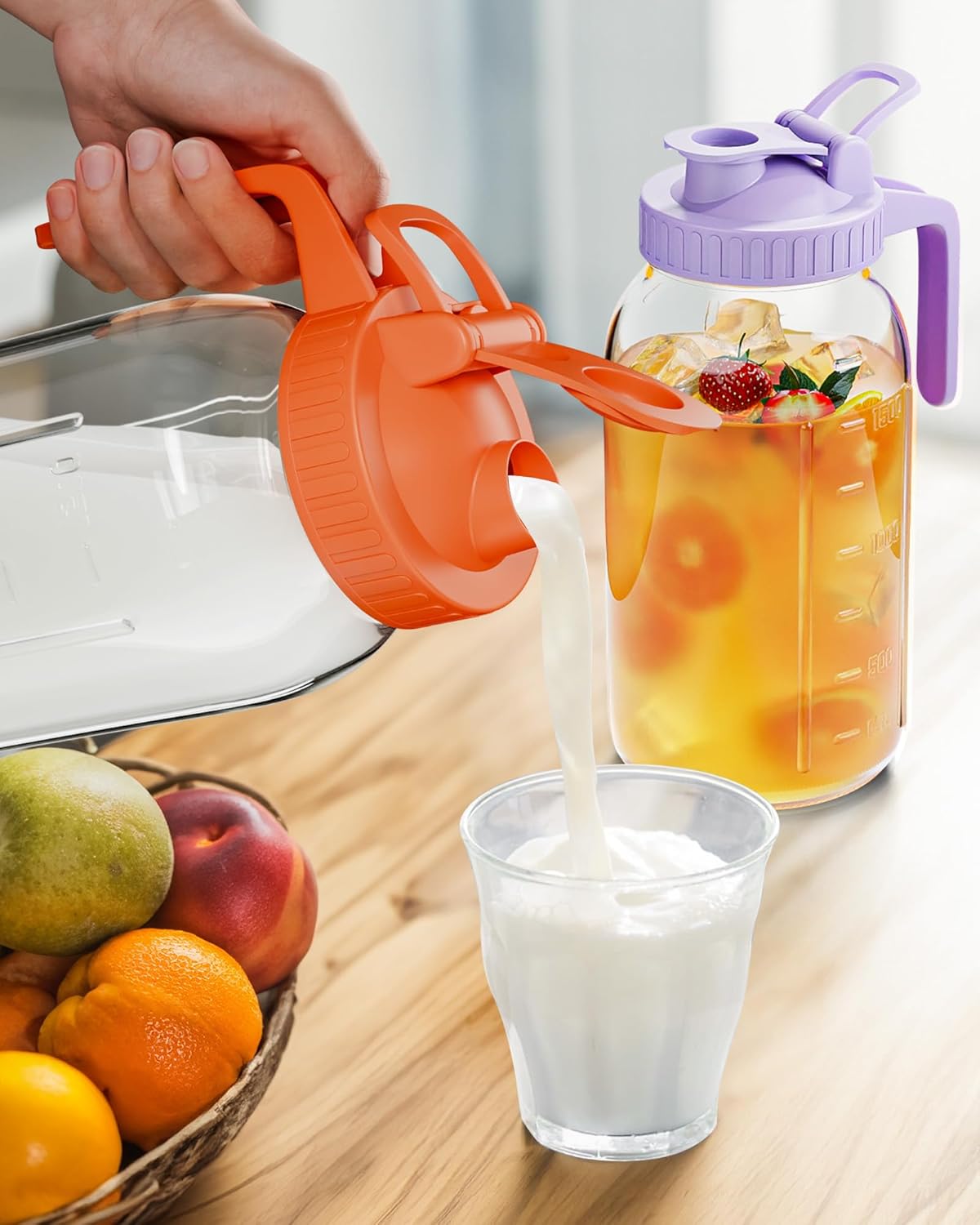 64oz Glass Breast Milk Pitcher with Lid & Pour Spout, 2 Quart Airtight Leakproof BreastMilk Fridge Storage Container - Wide Mouth, Dishwasher Safe Formula Pitcher with Handle