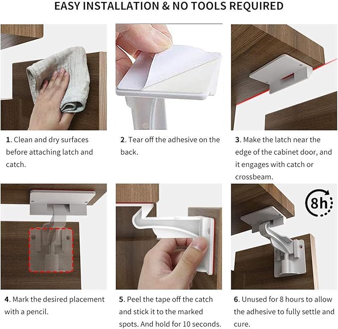 15 Pack Upgraded Invisible Baby Proofing Cabinet Latch Locks – No Drilling or Tools Required, Strong Adhesive, Works with Countertop Overhangs, Secure Child Safety Locks for Cabinets & Drawers