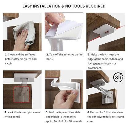 2 Pack Upgraded Invisible Baby Proofing Cabinet Latch Locks – No Drilling or Tools Required, Strong Adhesive, Works with Countertop Overhangs, Secure Child Safety Locks for Cabinets & Drawers