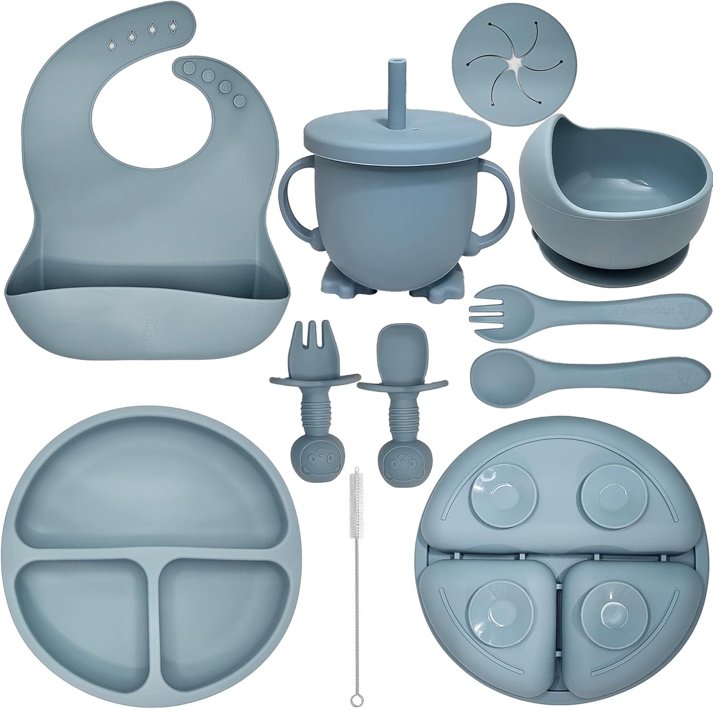 HippoBaby Baby Led Weaning Supplies | 10 Piece Silicone Baby Feeding Set | Baby Toddler Bib Cup Divided Plate and Bowl Self Feeding Spoons Dish Set | Baby Utensils | Toddler Feeding Supplies (Sky)