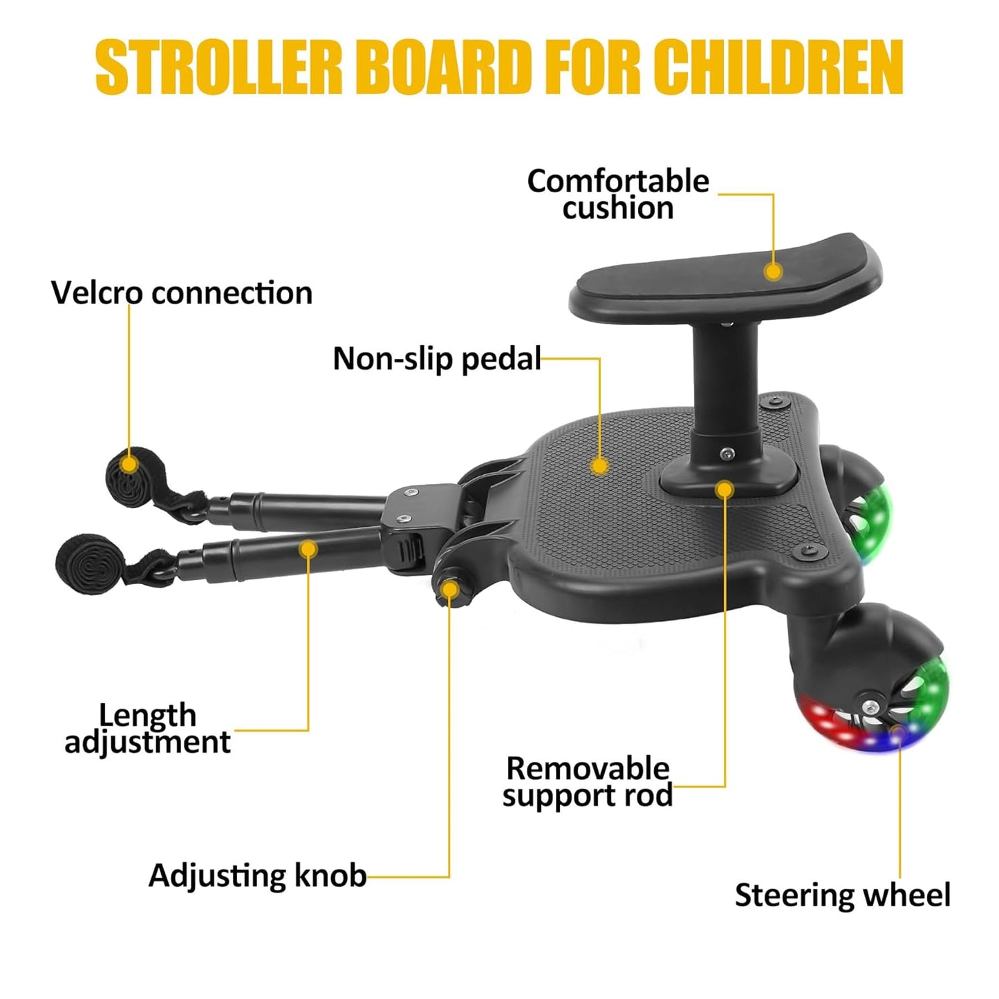 2026 New-Universal Stroller Board with Detachable Seat, 2in1 Sit and Stand Stroller Connectors for Most Strollers, Holds Children Up to 55 LBs Stroller Standing Board(Black)