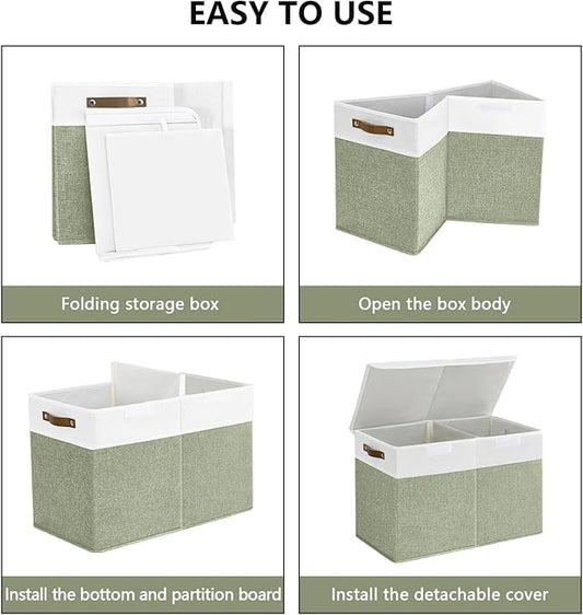 Bagnizer Large Toy Storage Box with Lids, Collapsible Sturdy Baby Storage Organizer Chest Bin Basket for Kids, Boys, Girls, Playroom, Nursery, Bedroom, Closet 25"x13"x16" (Green and White)