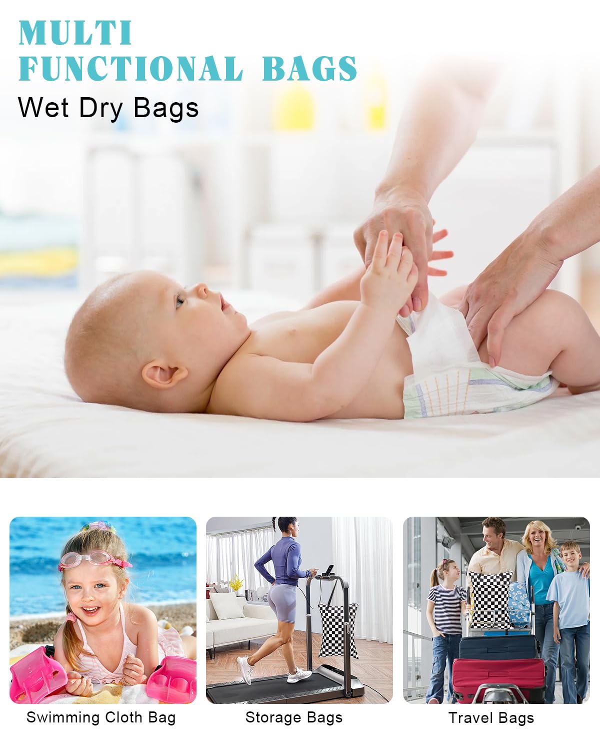 ALVABABY 2 Pack Large Wet Dry Bag Waterproof Hanging Cloth Diaper with Double Zippered Pockets 25x18 inches (Feather & Stripe)