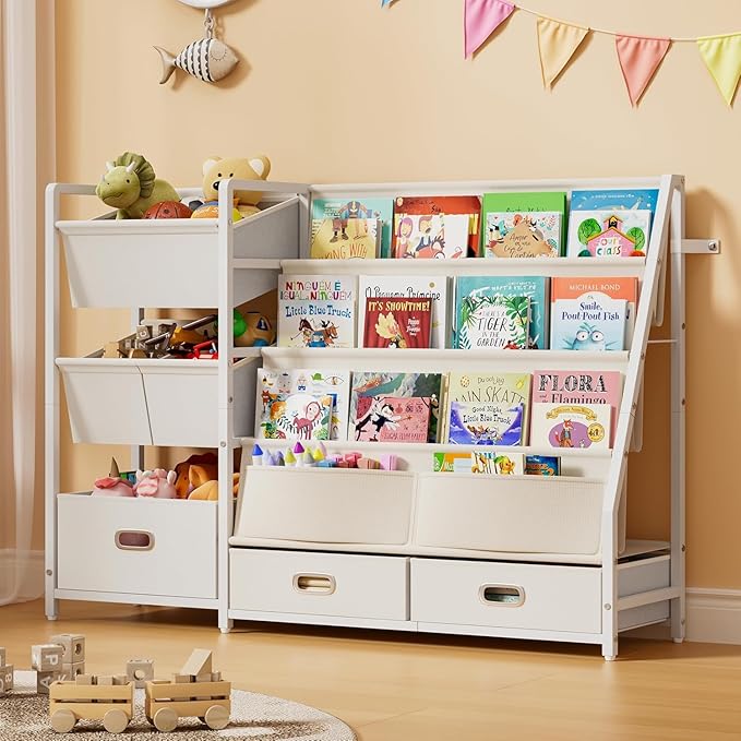HAVLOTII Kids Bookshelf and Toy Storage - Book Shelf for Kids Rooms, Toddler Bookshelves Baby Bookcase for Nursery, Montessori Toy Organizer, 6 Toy Bins for Kids Toy Storage
