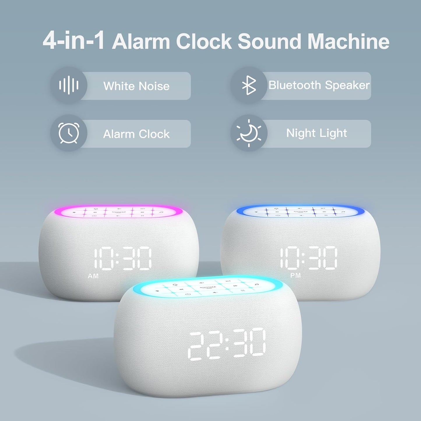 ANJANK White Noise Sound Machine Alarm Clock with Bluetooth Speaker, Hi-Fi Stereo Sound, 21 Soothing Sounds/7 Night Lights, 0-100% Dimmer/Sleep Timer, Soother for Teens Kids Girls, Bedroom, Pink