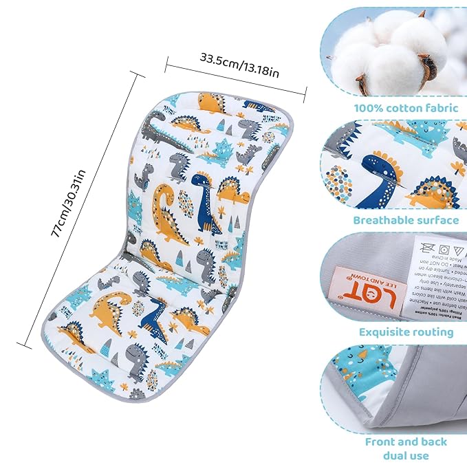 Baby Stroller Cushion,Infant Car Seat Insert-Reversible Universal Breathable and Soft Newborn seat Liner for Stroller,100% Cotton Seat Pad Liner for Newborns-34x78cm,1 Pack(Dinosaur+Grey)