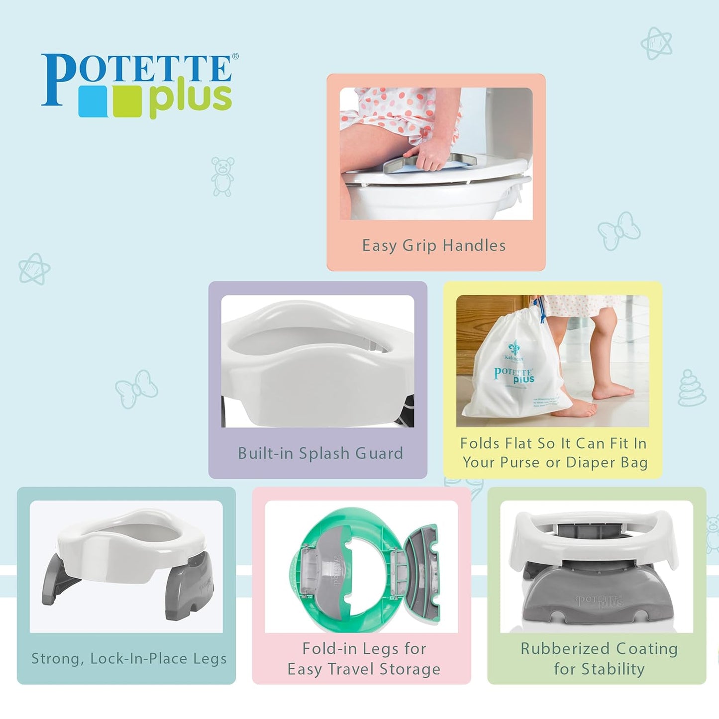 Kalencom Potette Plus 2-in-1 Travel Potty and Trainer Seat - Dual-Purpose Potty Training Toilet Seat - Portable Potty for Toddler Travel - with Durable, Lock-in Legs and Splash Guard - Pastel Mint