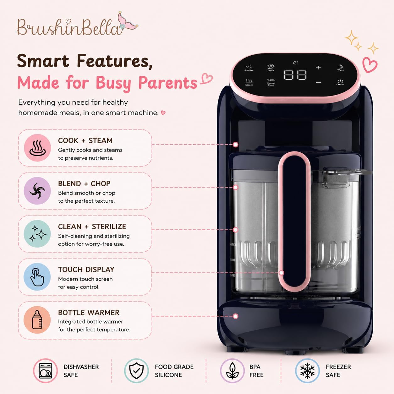 Baby Food Maker 5-in-1 Baby Food Processor with Soup Tray, Baby Puree Maker Machine, Grinder, Steamer, Touch Screen, Auto and Manual Blend, Bottle Warmer