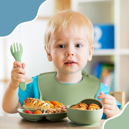 10 Pack Silicone Baby Feeding Set, Toddlers Led Weaning Feeding Supplies with Suction Baby Bowl Divided Plate Adjustable Bib Soft Silicone Spoon Fork, Infant Self Eating Utensil Set (Gray, Khaki)