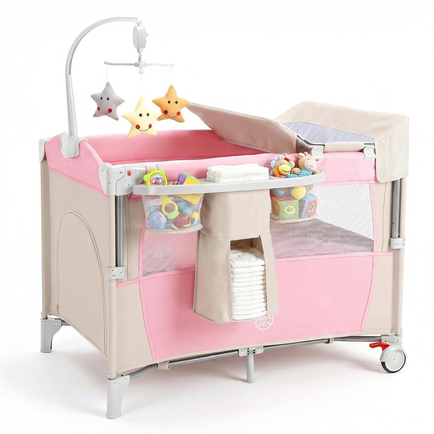 BABY JOY 5-in-1 Pack and Play, Portable Baby Bedside Sleeper with Bassinet, U-Shaped Diaper Changer, Safety Strap, Side Zipper Entrance, Hangings, Bedside Crib Playard from Newborn to Toddlers (Gray)