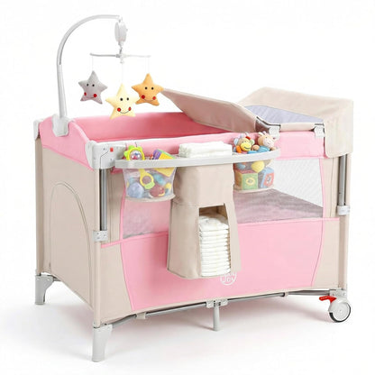 BABY JOY 5-in-1 Pack and Play, Portable Baby Bedside Sleeper with Bassinet, U-Shaped Diaper Changer, Safety Strap, Side Zipper Entrance, Hangings, Bedside Crib Playard from Newborn to Toddlers (Gray)