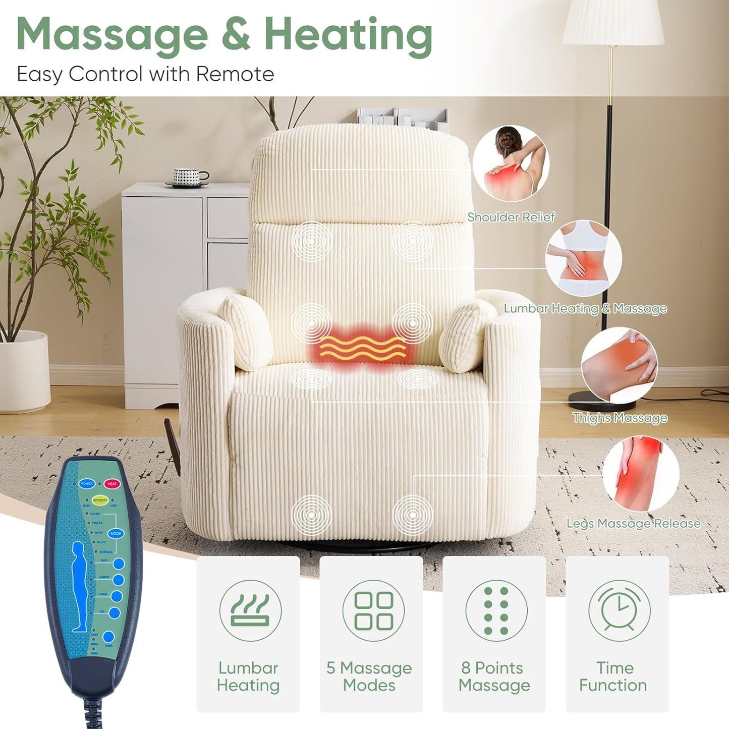 Oversized Swivel Rocker Recliner Chair with Heat and Massage, Rocking Chair with Adjustable Headrest, Manual Recliner, Glider Recliner with 2 Pillows, Chenille White
