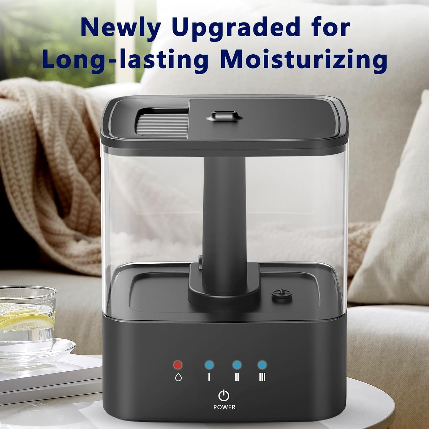 KZF 4L Top Fill Humidifiers for Bedroom & 60H Runtime - Cool Mist Humidifier, 3 Mist Levels, 8H Timer, Essential Oil Tray, Humidity Display, Quiet for Bedroom, Baby, Plants, Large Room (Black, 6L)