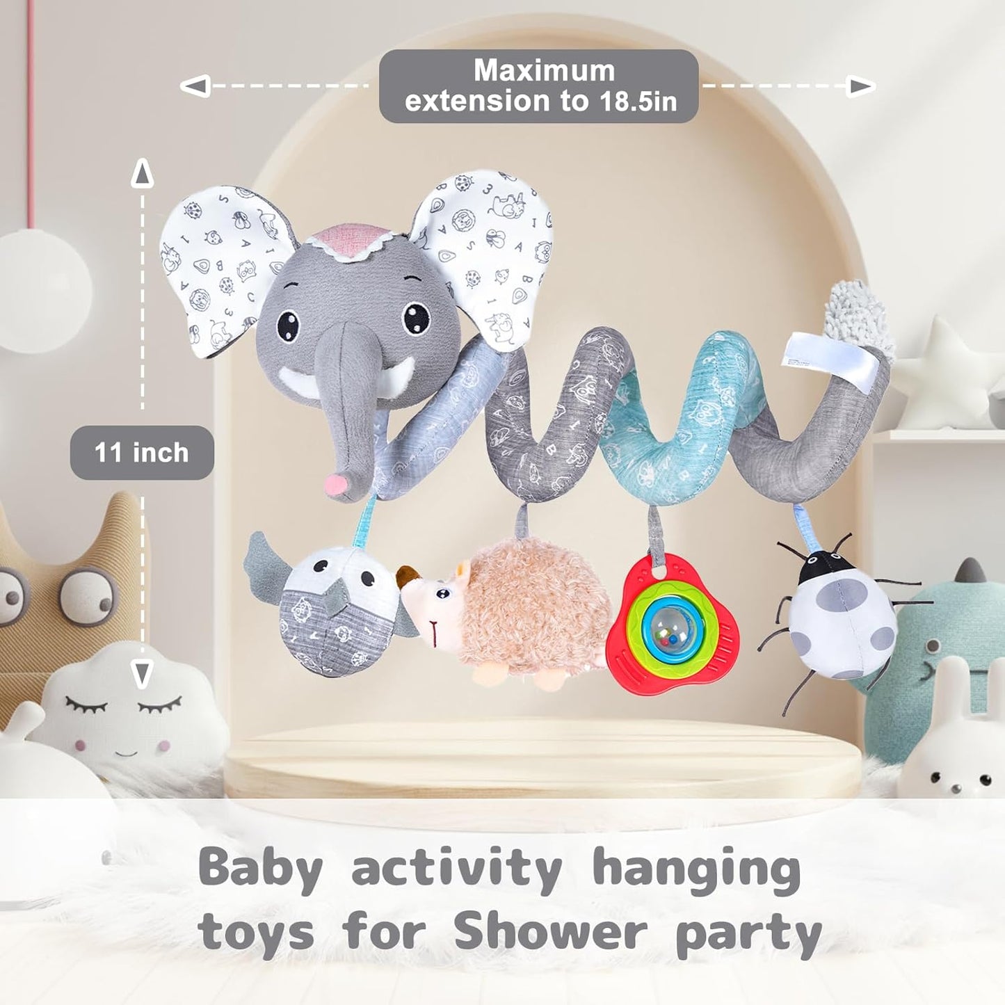 Koty Car Seat Toys, Infant Baby Spiral Plush Activity Hanging Toy for Stroller Bar Pram Crib with Music Box BB Squeaker & Rattles(Black Fox)