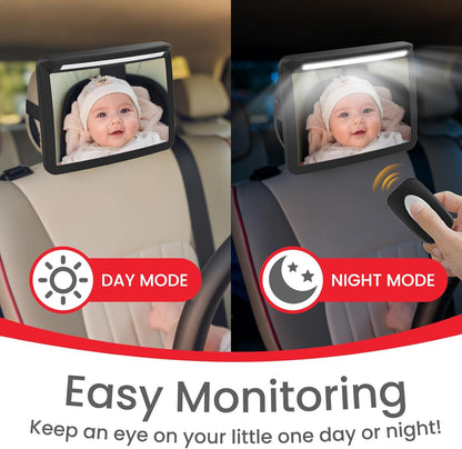 Baby Car Mirror with Light & Remote Control - Night Vision Rear Facing Car Seat Mirror, Clear Vision, 360° Rotation Rear Facing Car Seat Mirror, Shock and Shatter Resistant
