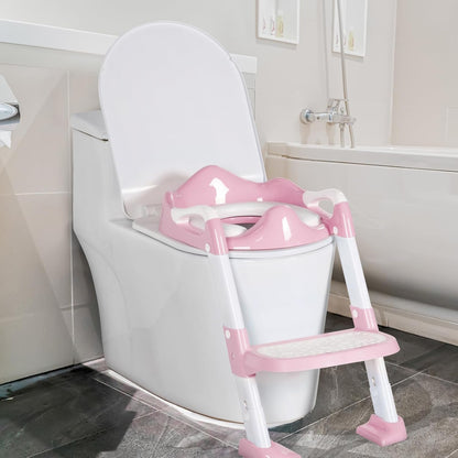 BRINJOY Potty Training Seat with Step Stool Ladder, Potty Toilet Toddler Seat w/Potty Training Chart & Cushion Handle, Kids Potty Training Toilet Chair for Girls Boys w/Non-Slip Pads Wide Step