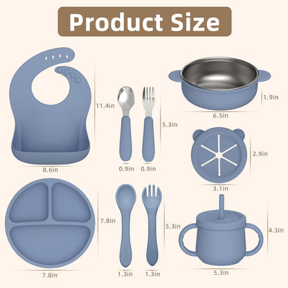 16 Pack Silicone Baby Feeding Set, BPA-Free Baby LED Weaning Supplies, Include Suction Plates, Baby Bowls, Silicone Fork & Spoon, and More, First Stage Baby Food Eating Utensils - 6+ Months(Blue, 16)