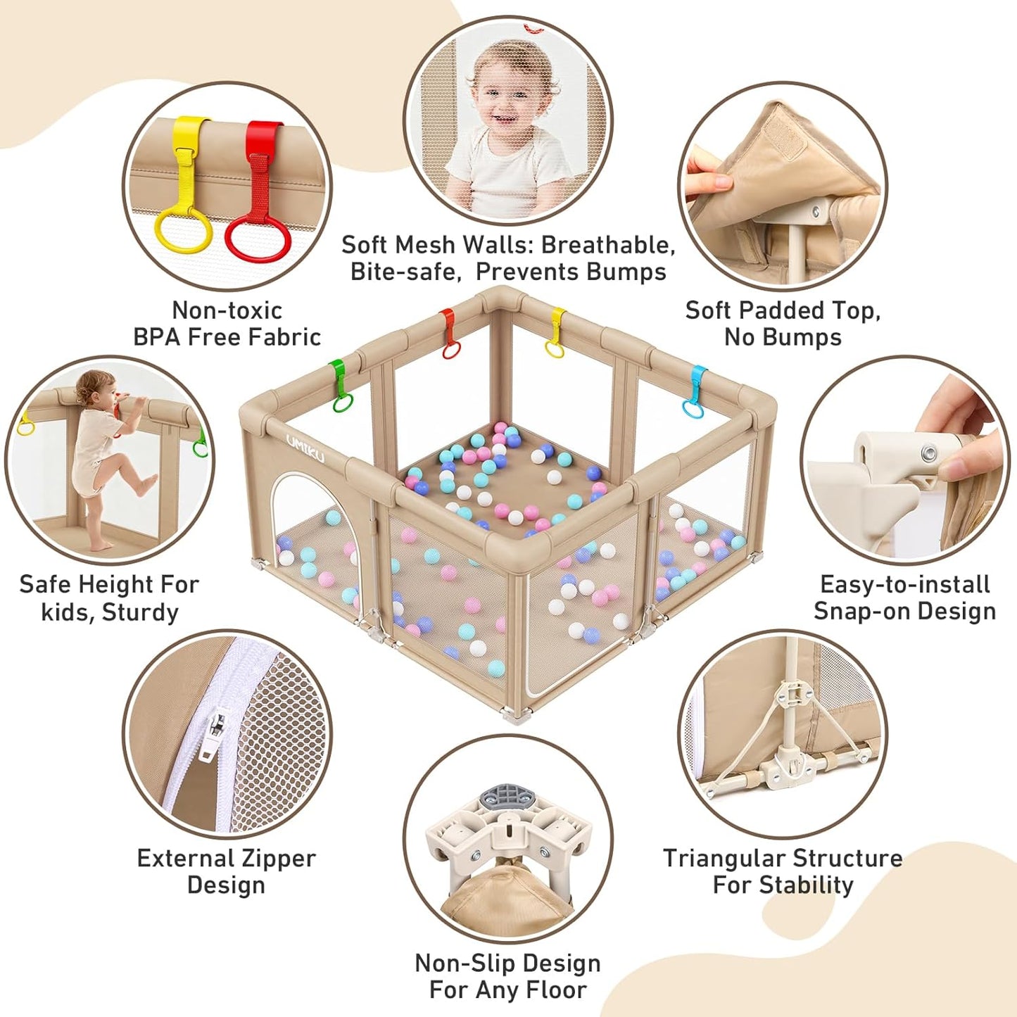 Baby Playpen Foldable Playpen for Babies and Toddlers, Large Playpens Portable Play Pen Play Yard for Kids Fence Indoor Outdoor Travel 4 Handlers 50 Balls Baby Gifts Essentials 50"X50" Dark Grey