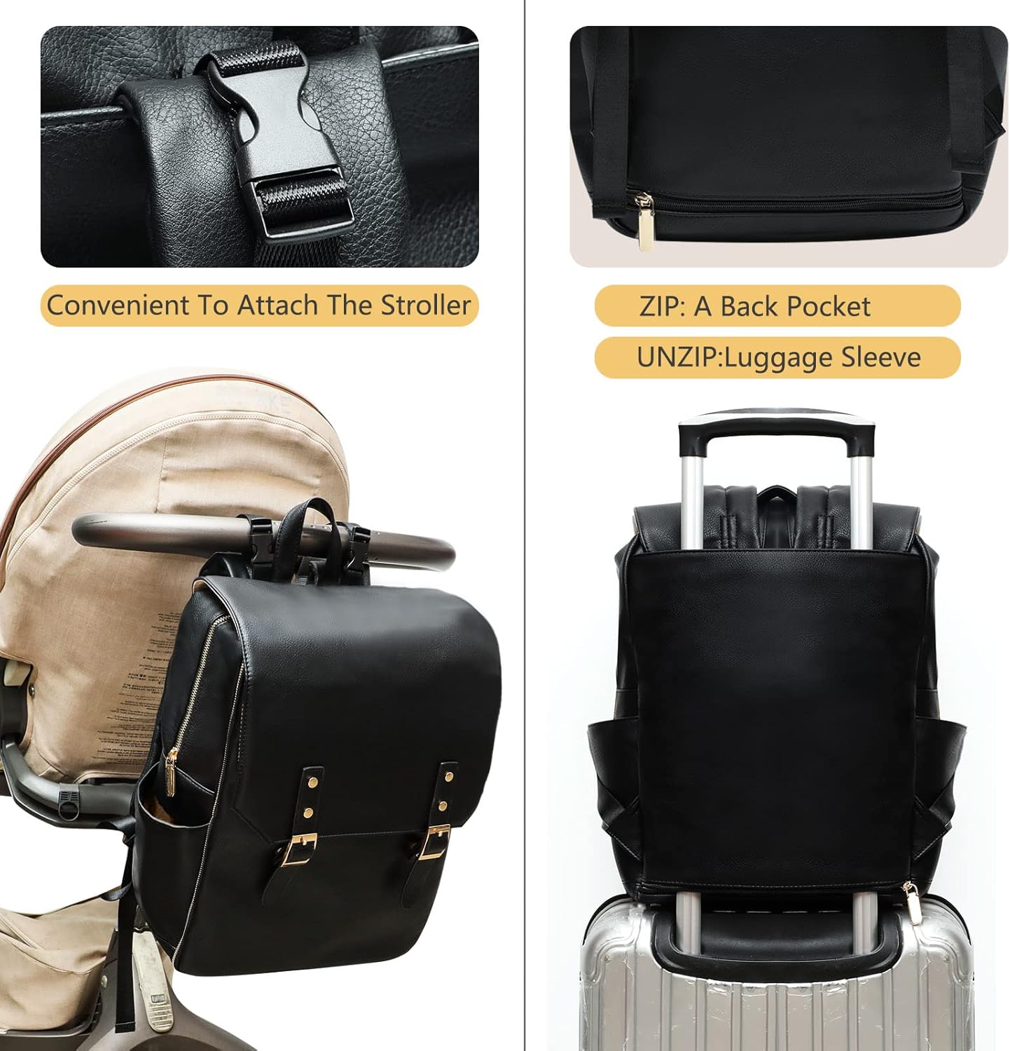 miss fong Diaper Bag Backpack Baby Diaper Bag for baby boy and girls, Leather Baby Bag with 13 diaper bag organizing pouches, Changing Pad, Stroller Straps and 4 Insulated Pockets(Black)