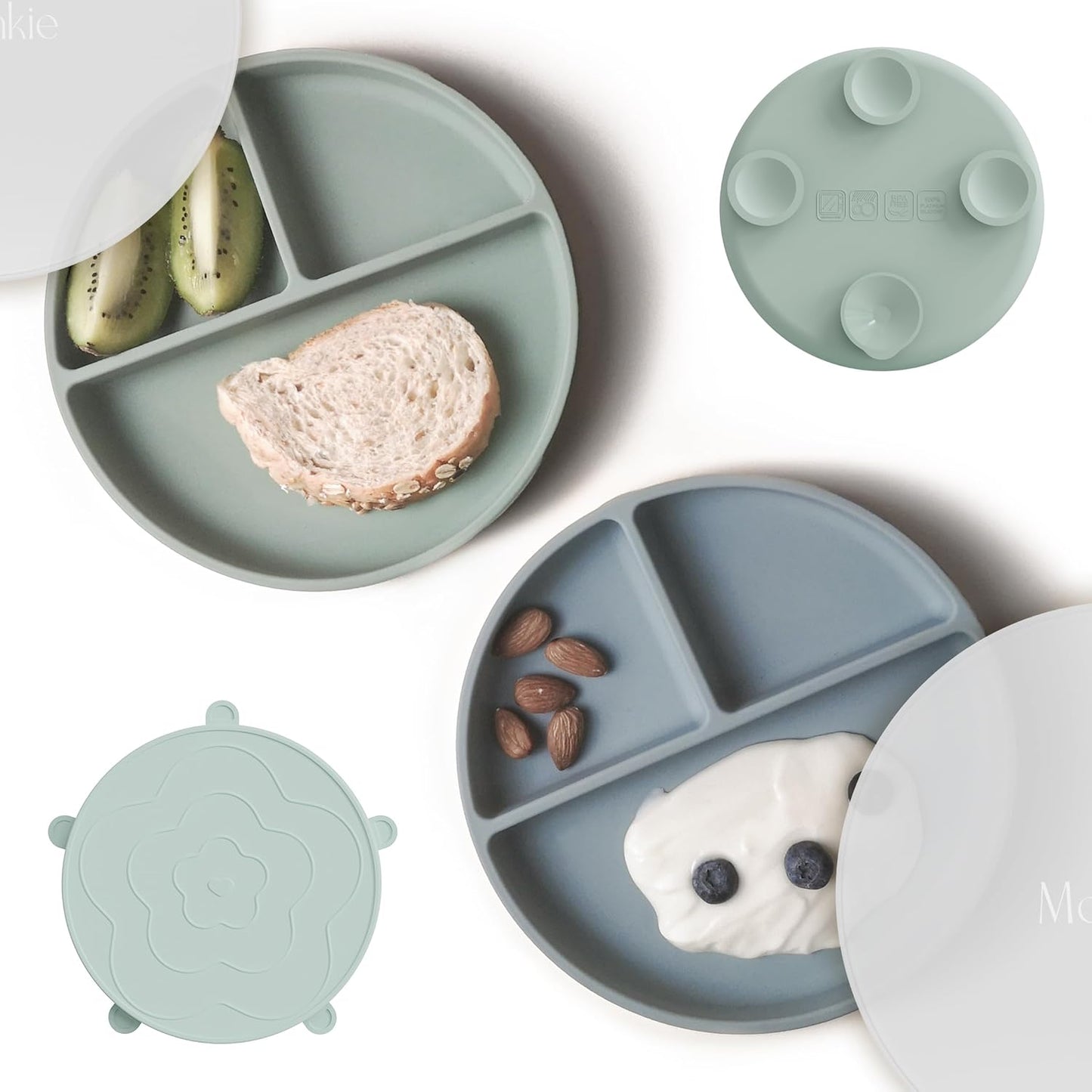 Moonkie Suction Plates for Baby | 100% Silicone BPA-Free Baby Plates with Lids and Food Cover | Divided Design | Microwave and Dishwasher Safe | Toddler Plates 3 Pack