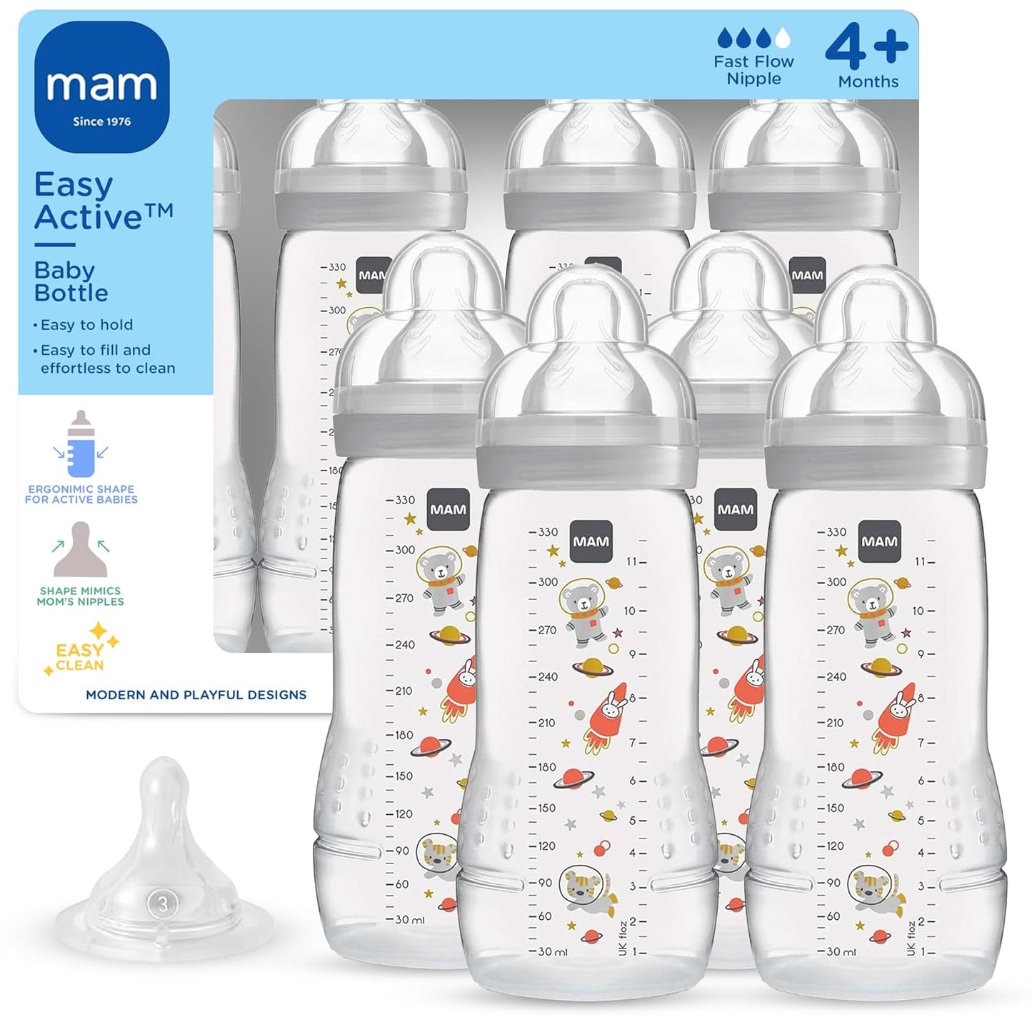 MAM Easy Active Baby Bottle 2 Pack, 11oz, BPA Free, Fast Flow Silicone Nipple, Anti-Slip Grip, Leak-Proof, 4+ Months, Cotton