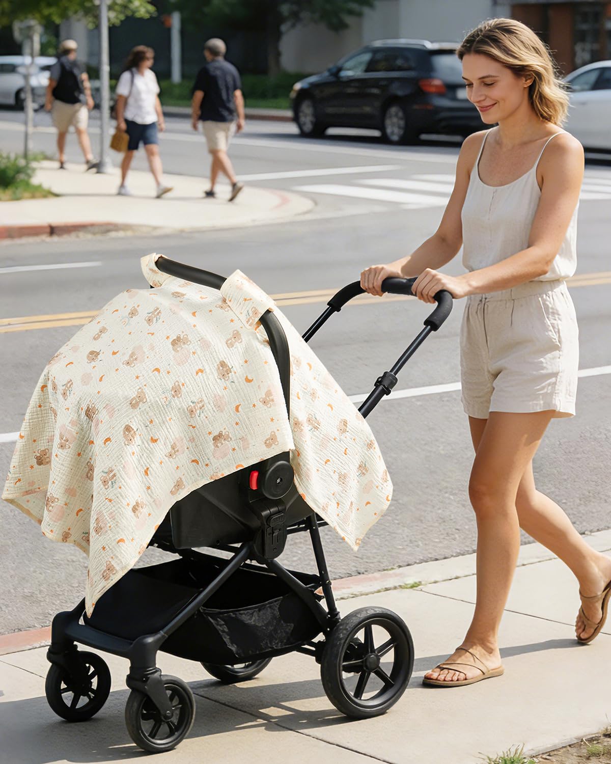 100% Muslin Cotton Car Seat Cover for Baby, Soft Breathable Car Seat Canopy, Universal Infant Carseat Cover Sun Protector, Lightweight Summer Stroller Cover for Boys Girls - Strawberry