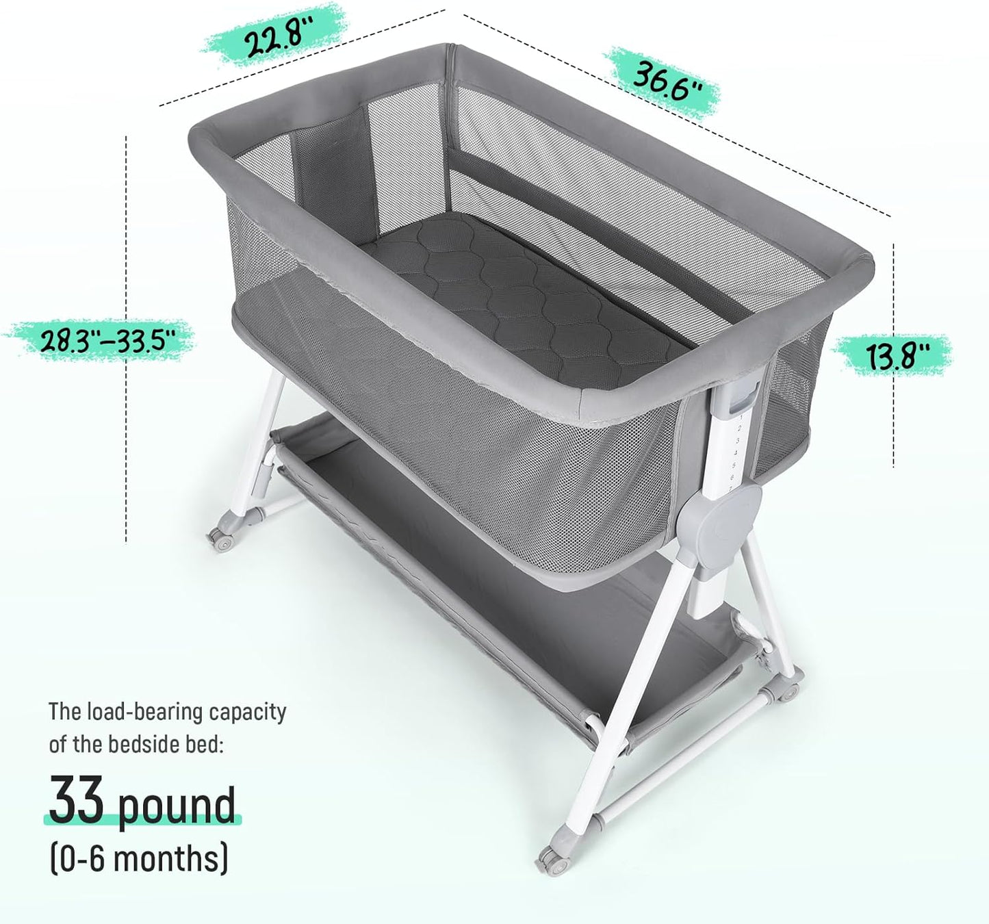 Cowiewie Bassinet Bedside Sleeper, Baby Bassinet with 7 Adjustable Height, Bedside Bassinet for Baby with Storage, Breathable Mesh & Mattress, Portable Bassinet Easy Folding (Pyramid Light Gray)