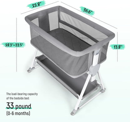 Cowiewie Bassinet Bedside Sleeper, Baby Bassinet with 7 Adjustable Height, Bedside Bassinet for Baby with Storage, Breathable Mesh & Mattress, Portable Bassinet Easy Folding (Pyramid Light Gray)