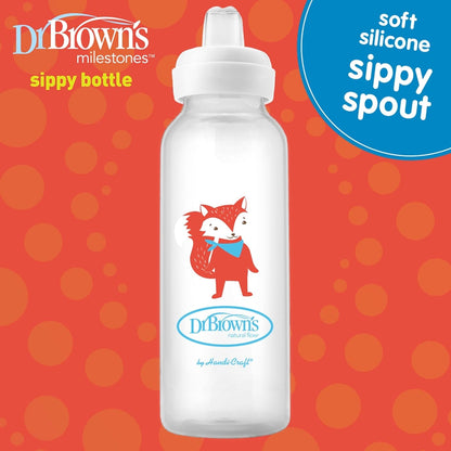 Dr. Brown's Milestones Narrow Sippy Bottle, 100% Silicone Soft Sippy Spout, 8oz/250mL, Flamingo & Bunny, 6m+